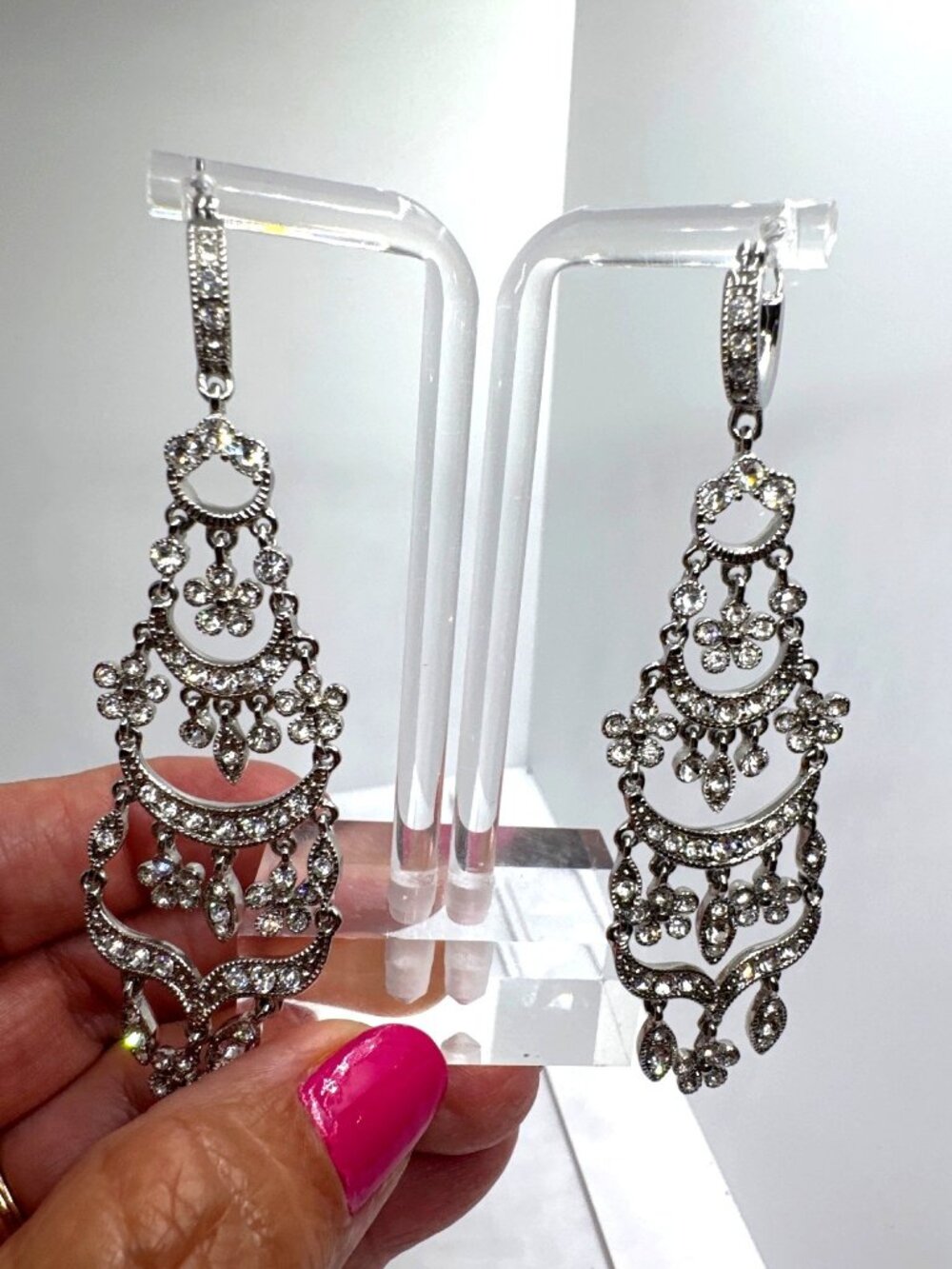 Vtg Monet Silver Tone Rhinestone Chandelier Dangle Earrings Pierced Statement